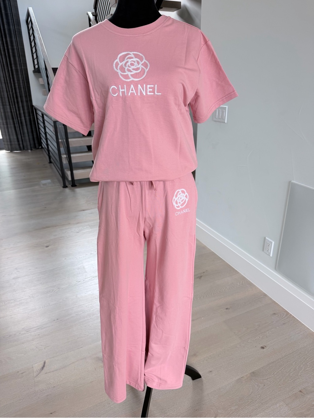 Pink Camellia Logo Two piece Matching Set - Soft Pink Lounge Set size S
